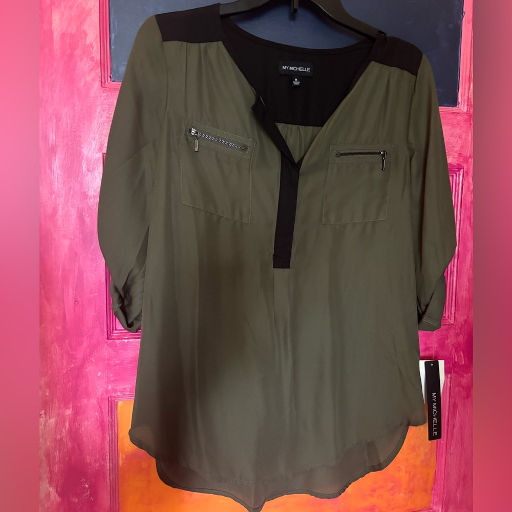 My Michelle Olive Blouse with Black Details